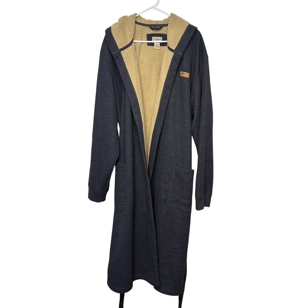 LL Bean Robe Mens XL Gray Waffle Knit Sherpa Lined Hooded Wicked Plush 510588